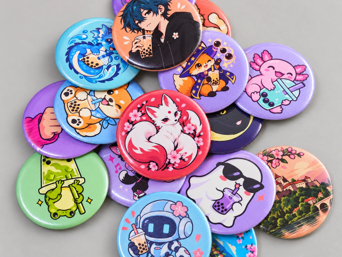 Round badges with colourful character, animal and bubble tea prints arranged overlapping
