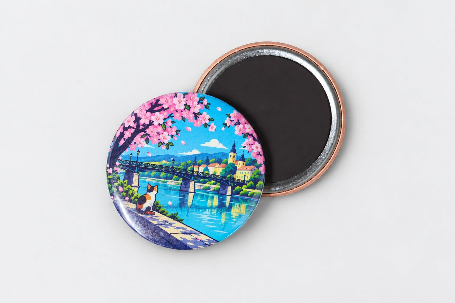 A round 58 mm magnetic badge with a colour print and dark magnetic back