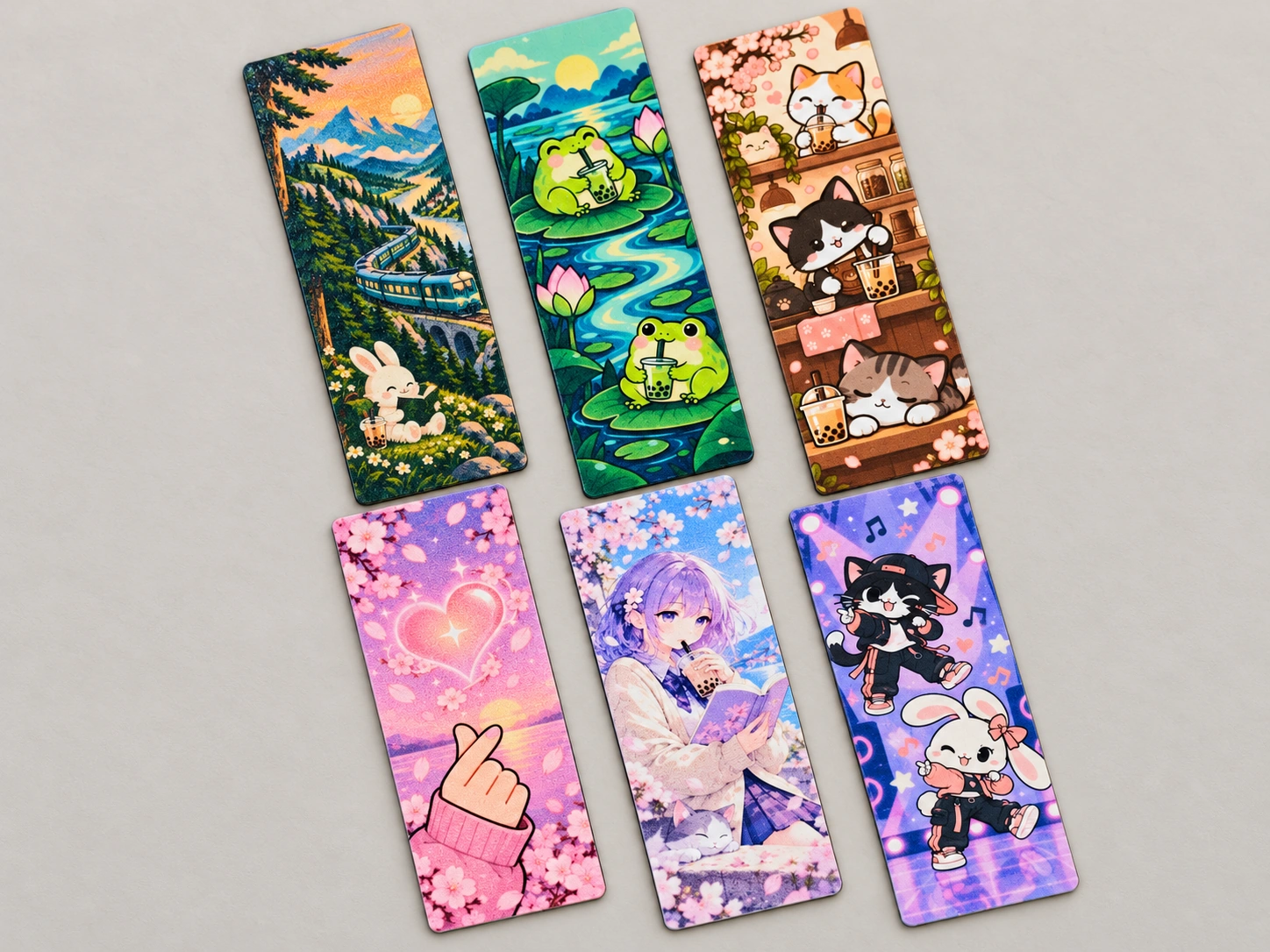 Six magnetic bookmarks with landscapes, frogs, cats and characters arranged in two rows
