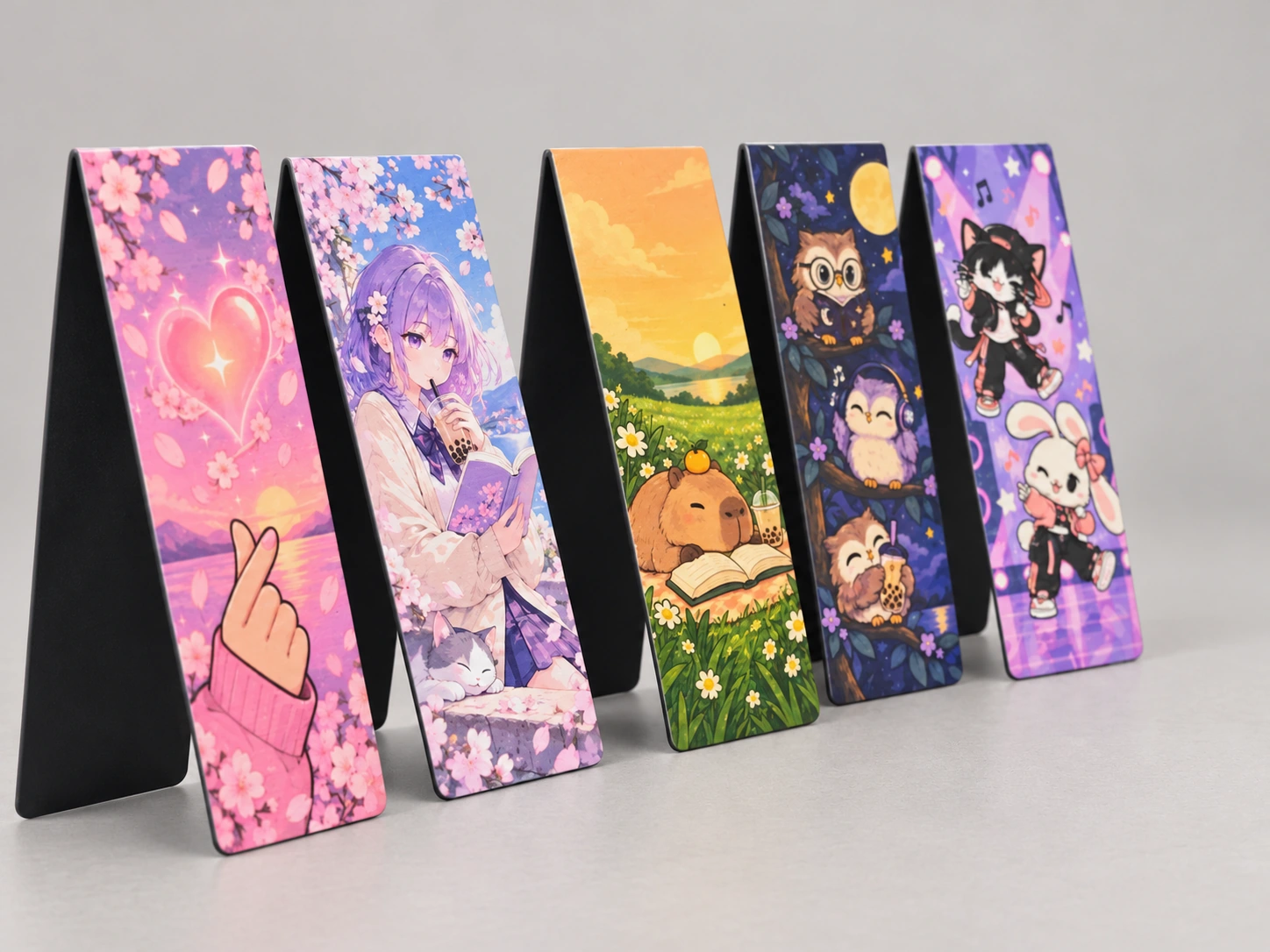 Five magnetic bookmarks with different prints standing upright, showing their dark inner sides