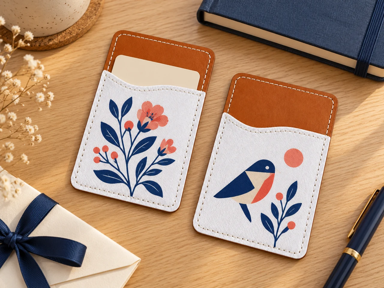 Two card holders with brown bases and white pockets featuring floral and bird prints