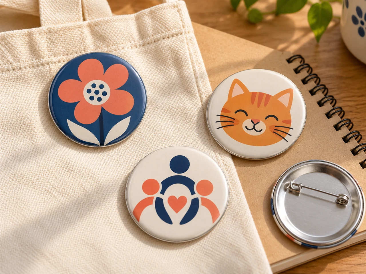 Round badges with a flower, cat and community symbol on a fabric bag; one badge shows its metal pin on the back