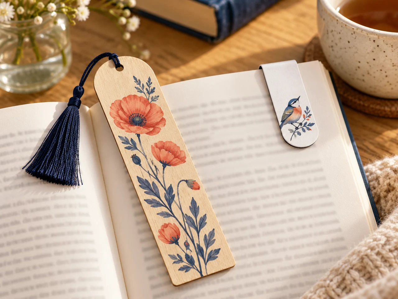 A wooden bookmark with poppies and a blue tassel, and a white magnetic bookmark with a bird on an open book