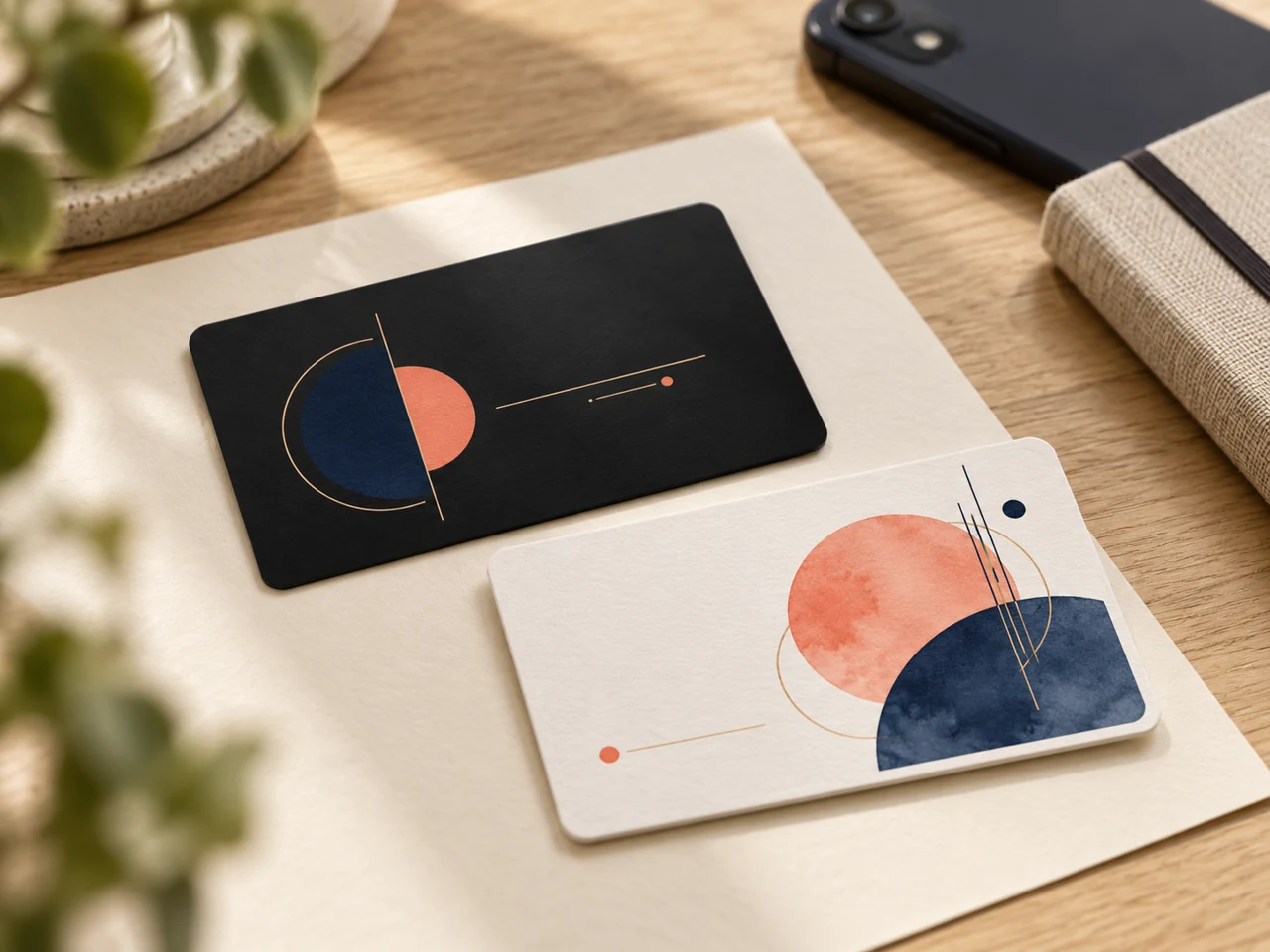Black aluminium and white cards with coral and navy geometric designs on a desk