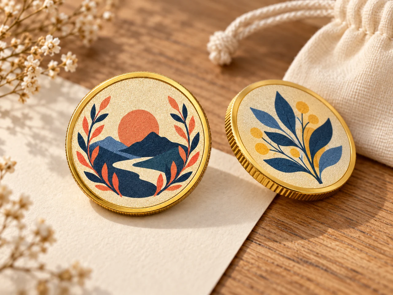 Two gold-coloured souvenir coins with colour prints of a mountain landscape and botanical symbol