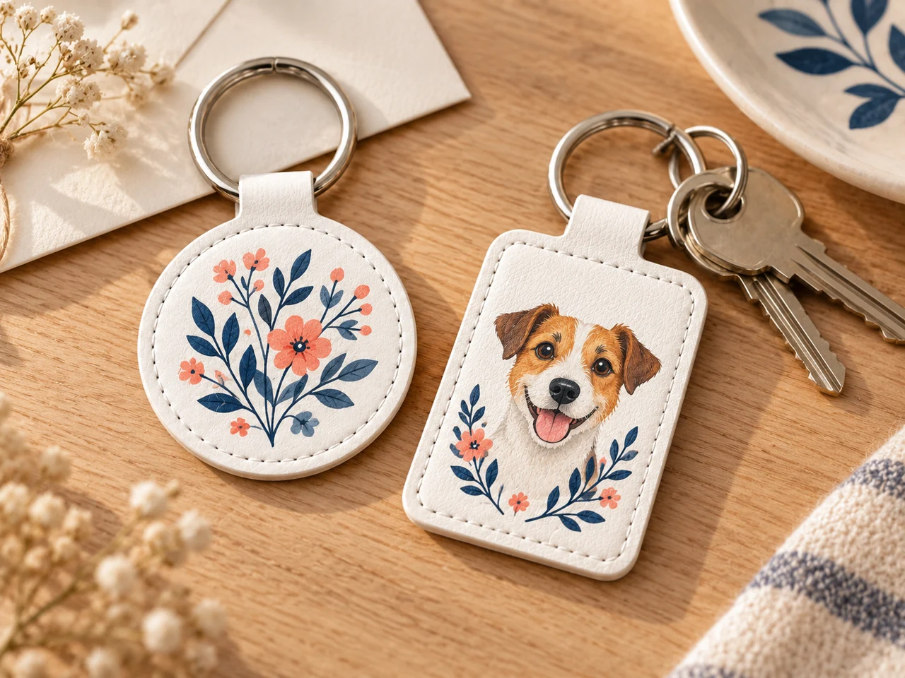 White round and rectangular keychains with floral designs and a dog portrait beside keys