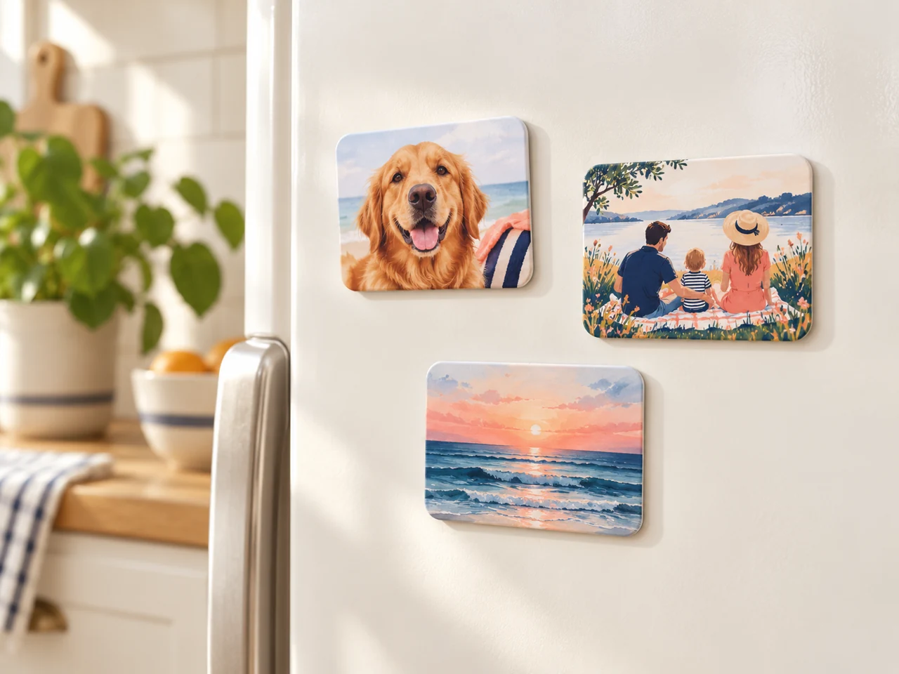 Magnets on a light fridge with a dog portrait, family illustration and seaside sunset