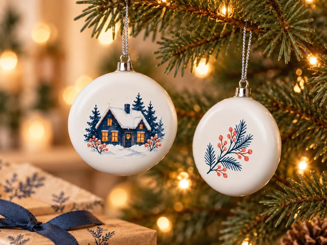 Two white flat round Christmas ornaments with a winter house and a sprig hanging on a tree