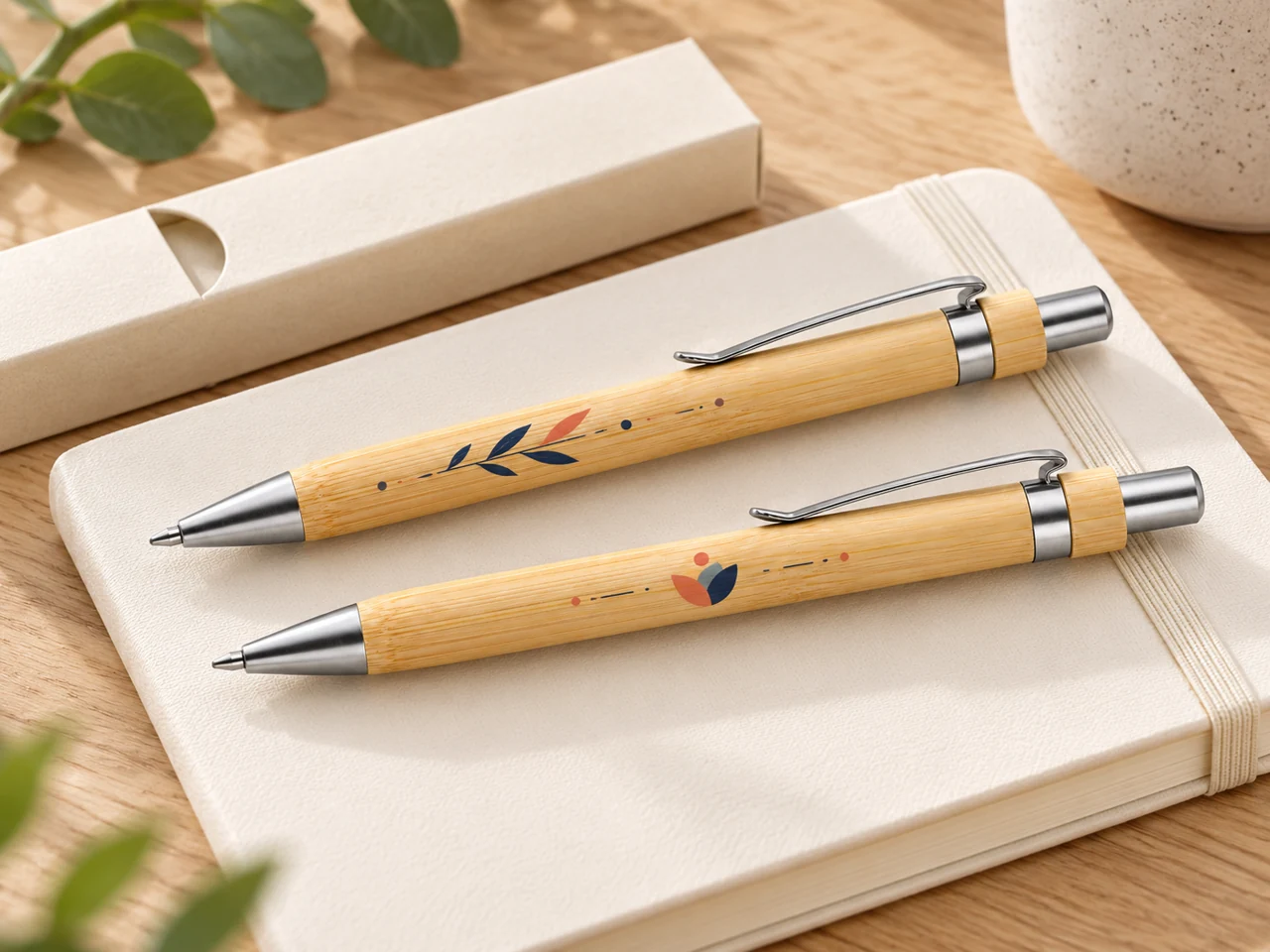 Two bamboo pens with small colourful botanical prints on a light notebook