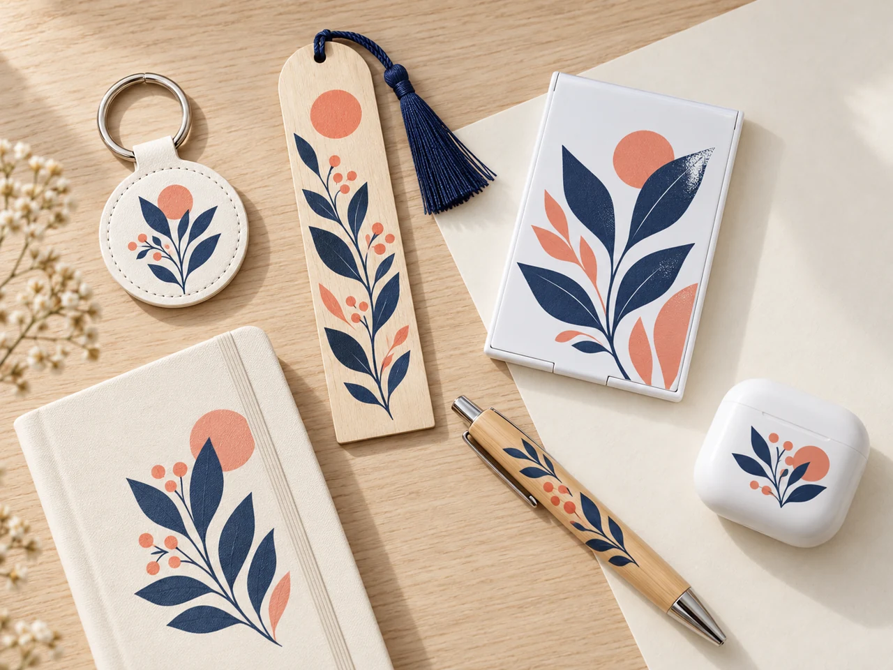 A collection with coral and navy designs: keychain, wooden bookmark, mirror, pen, notebook and earphone case