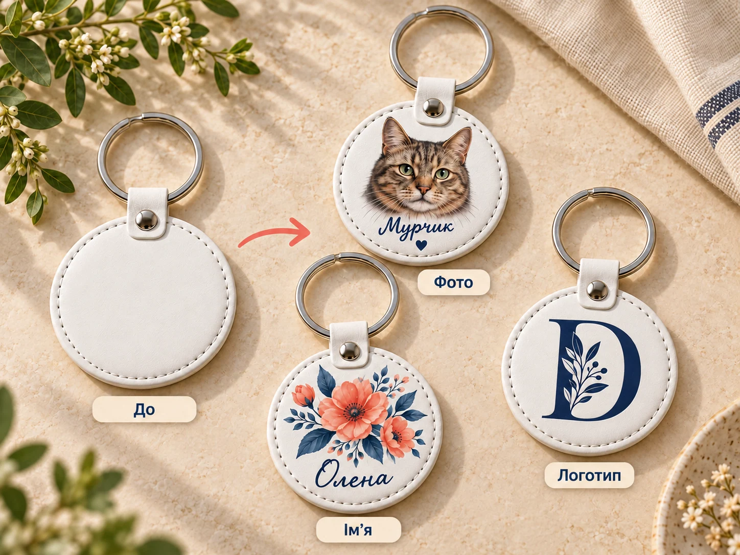 A keychain before printing and three examples of personalisation: a cat photo, the name Olena and a logo