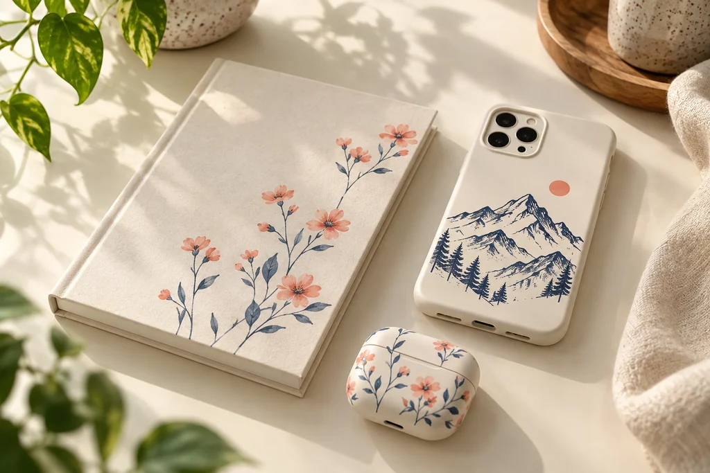 Examples of personalised printing on a regular notebook, phone case and earphone case